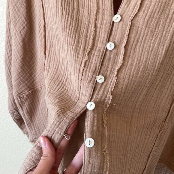 Mainstrip Gauzy Cotton Oversized Pop Over Blouse Top S Camel Tan Minimalist Boho - Picture 4 of 15